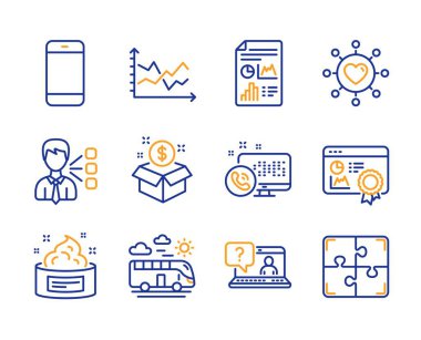 Posta paketi, Diyagram grafiği ve Rapor belge simgeleri ayarlayın. Seo sertifikası, Web arama ve Otobüs seyahat işaretleri. Vektör