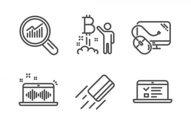 Veri analizi, müzik yapma ve Bitcoin proje simgeleri ayarlayın. Kredi kartı, bilgisayar fare ve Web işaretleri dersler. Vektör