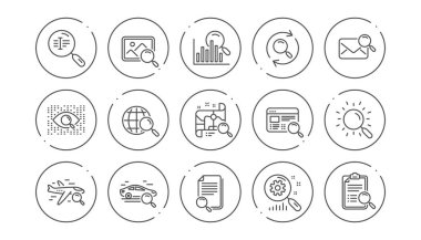 Arama satırı simgeleri. Endeksasyon, Yapay zeka ve Araç Kiralama. Doğrusal simge seti. Vektör