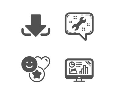 Gülümseme, İndir ve Spanner simgeleri. Analitik grafik işareti. Sosyal medya beğeni, Yük dosyası, Onarım servisi. Vektör