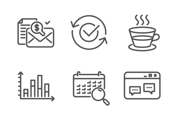 Calendário de pesquisa, Gráfico de diagrama e conjunto de ícones de relatório de contabilidade. Copo de café, aprovado e sinais de janela do navegador. Vetor — Vetor de Stock