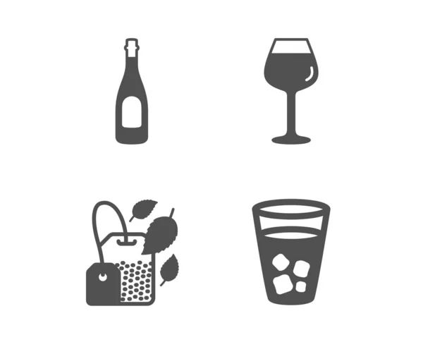 Champagner, Minzbeutel und Ikonen aus Bordeaux-Glas. Eistee-Zeichen. Feiergetränk, Menthatee, Weinglas. Vektor — Stockvektor