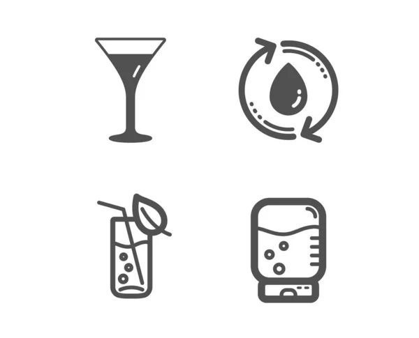 Vidro Martini, Reabastecer ícones de água e vidro de água. Vinho, Lixeira, Bebida de refrigerante. Bebida de escritório. Vetor — Vetor de Stock
