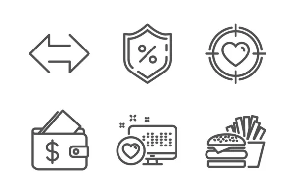 Heart, Wallet and Loan percent icons set. Sync, Valentine target and Burger signs. Social media, Affordability. Vector — Stock Vector