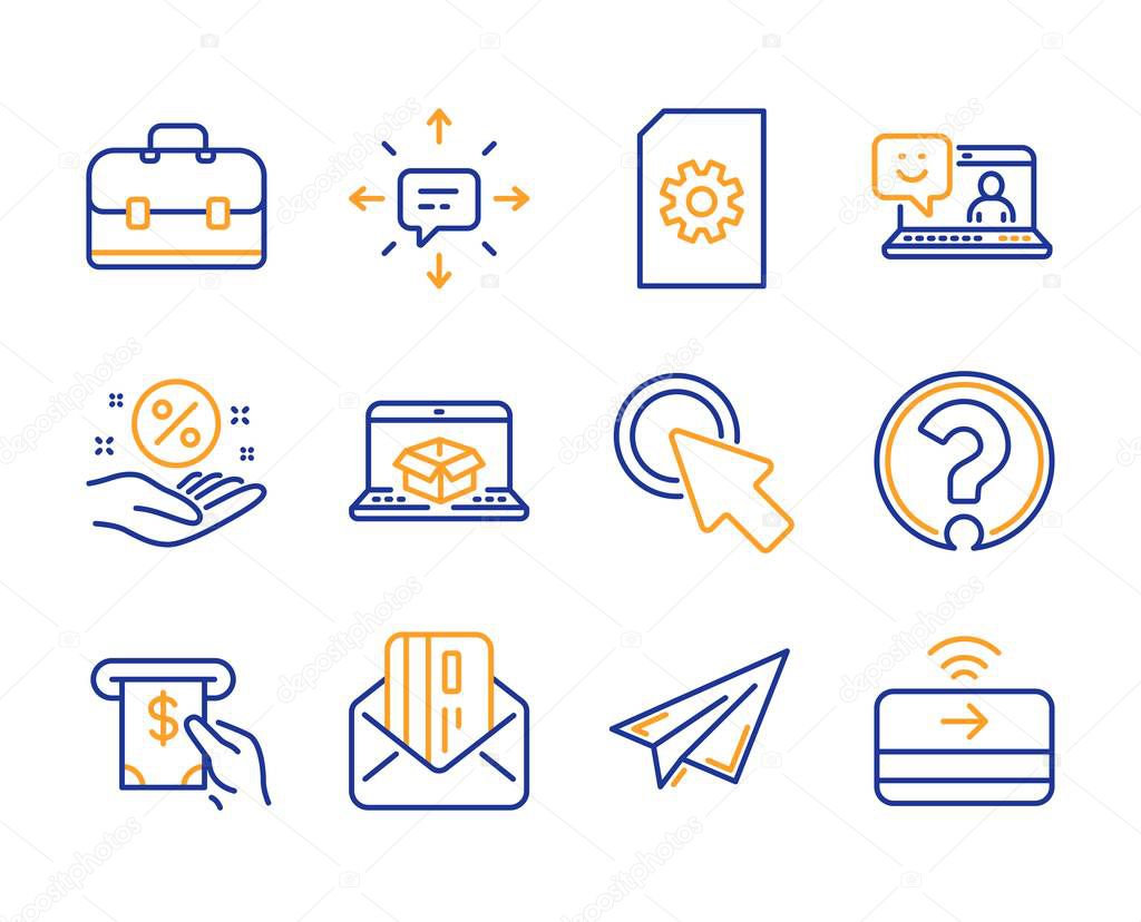 Portfolio, File management and Click here icons set. Smile, Atm service and Question mark signs. Vector