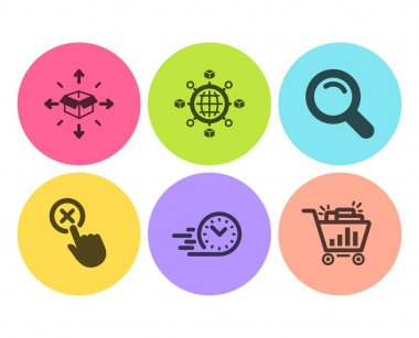 Logistics network, Fast delivery and Reject click icons simple set. Parcel delivery, Search and Seo shopping signs. International tracking, Stopwatch. Business set. Flat logistics network icon clipart