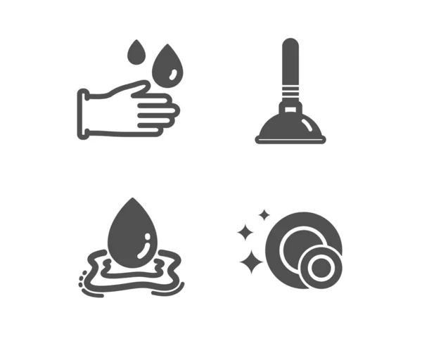 Set Plunger Water Splash Rubber Gloves Icons Clean Dishes Sign — Stock Vector