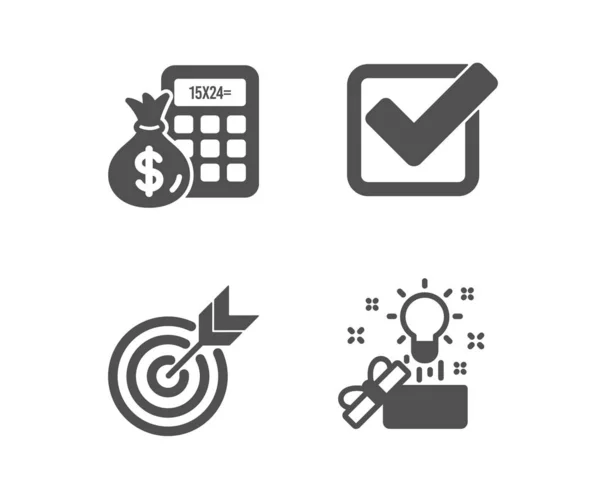 Zestaw Target Kalkulator Finansów Ikony Checkbox Kreatywny Znak Pomysłu Kierowanie — Wektor stockowy