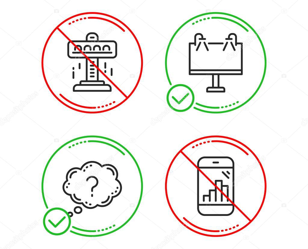 Do or Stop. Road banner, Attraction and Question mark icons simple set. Graph phone sign. Advertisement, Free fall, Quiz chat. Mobile statistics. Business set. Line road banner do icon. Vector