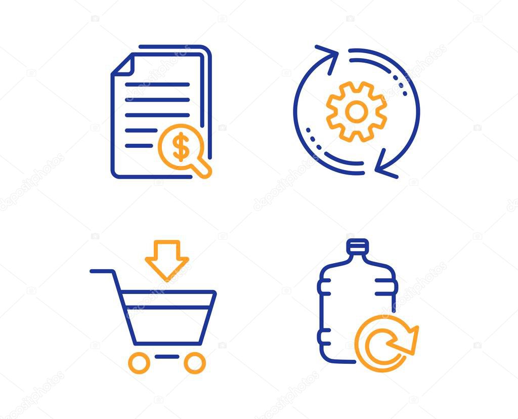 Financial documents, Online market and Cogwheel icons simple set. Refill water sign. Check docs, Shopping cart, Engineering tool. Cooler bottle. Business set. Linear financial documents icon. Vector