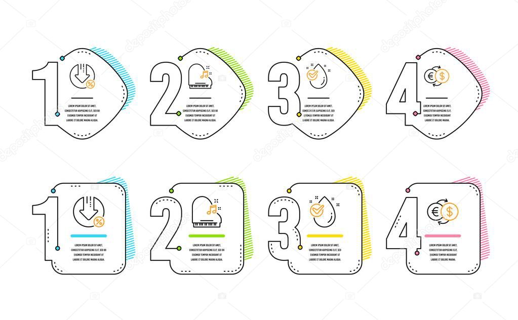 Piano, Loan percent and Water drop icons simple set. Money exchange sign. Fortepiano, Decrease rate, Clean aqua. Eur to usd. Business set. Infographic timeline. Line piano icon. 4 options or steps