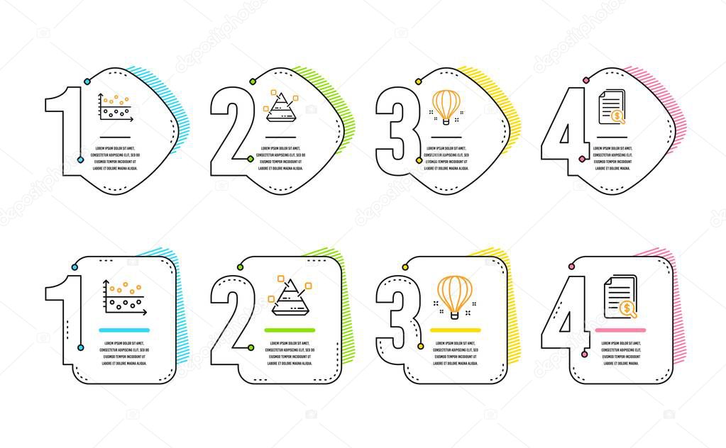 Dot plot, Air balloon and Pyramid chart icons simple set. Financial documents sign. Presentation graph, Sky travelling, Report analysis. Check docs. Education set. Infographic timeline. Vector