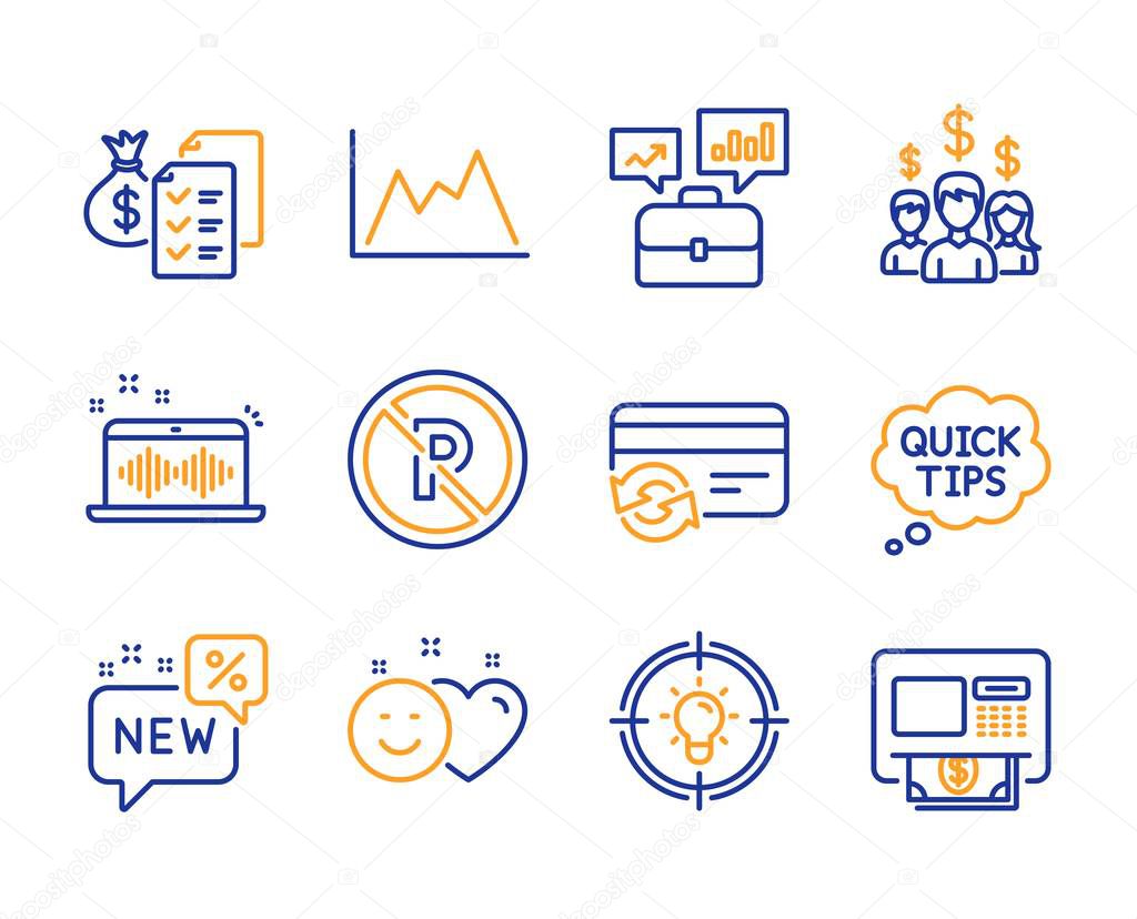 Change card, Accounting wealth and Idea icons simple set. Salary employees, New and Diagram signs. No parking, Music making and Business portfolio symbols. Quick tips, Smile and Atm. Vector