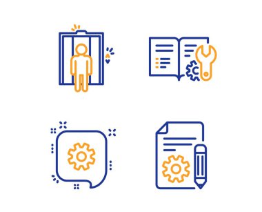 Mühendislik belgeleri, Asansör ve Cogwheel simgeleri basit ayarlayın. Belge işareti. Manuel, Asansör, Mühendislik. Proje. Endüstriyel set. Doğrusal mühendislik dokümantasyon simgesi. Renkli tasarım seti