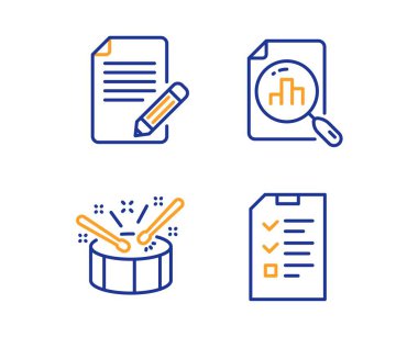 Makale, Analytics grafik ve Drums simgeleri basit ayarlayın. Röportaj tabelası. Geri bildirim, Grafik raporu, Drumsticks. Denetim listesi dosyası. Doğrusal makale simgesi. Renkli tasarım seti. Vektör