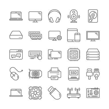Dizüstü bilgisayar, Ssd, Bilgisayar bileşenleri satır simgeleri. Anakart, Cpu, Internet kabloları simgeleri. Wifi yönlendirici, bilgisayar monitörü, Grafik kartı. Klavye, Ssd cihazı. İnternet kabloları, dizüstü bilgisayar bileşenleri. Vektör