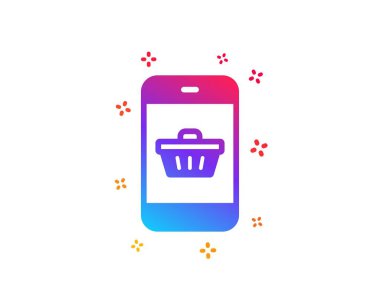 Mobil Alışveriş sepeti simgesi. Smartphone Online satın alma işareti. Süpermarket sepeti sembolü. Dinamik şekiller. Gradyan tasarım akıllı telefon satın alma simgesi. Klasik tarzda. Vektör