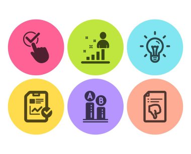Rapor denetim listesi, Ab testi ve İstatistik simgeleri basit ayarlayın. Onay Kutusu, Fikir ve Başparmak aşağı işaretleri. Satış büyüme dosyası, Test grafiği. Teknoloji seti. Düz rapor denetim listesi simgesi. Daire düğmesi. Vektör