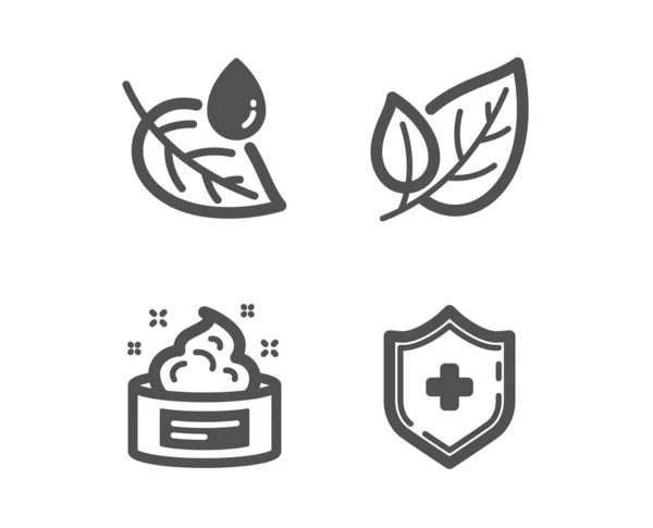 Set Iconos Hoja Rocío Crema Para Piel Hoja Signo Escudo — Vector de stock