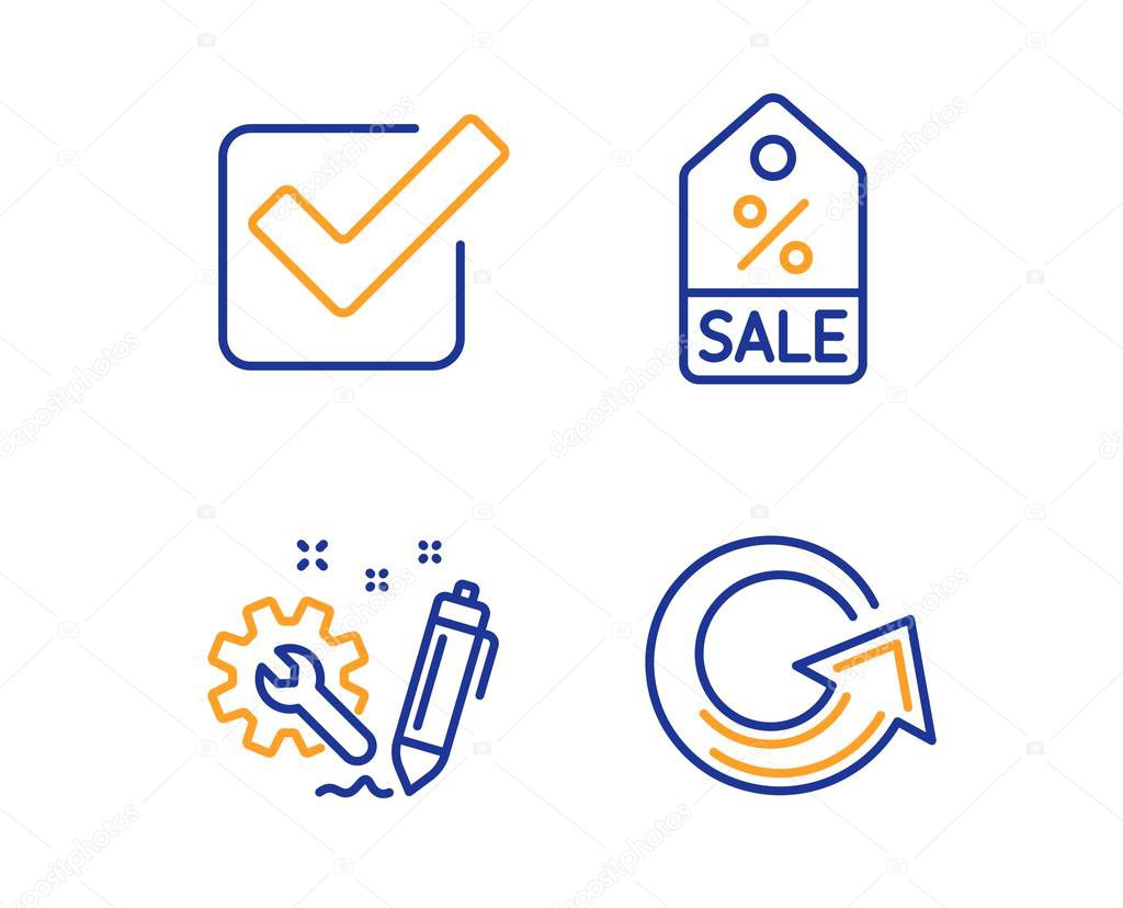 Checkbox, Sale coupon and Engineering icons simple set. Reload sign. Approved tick, Discount tag, Construction. Update. Linear checkbox icon. Colorful design set. Vector