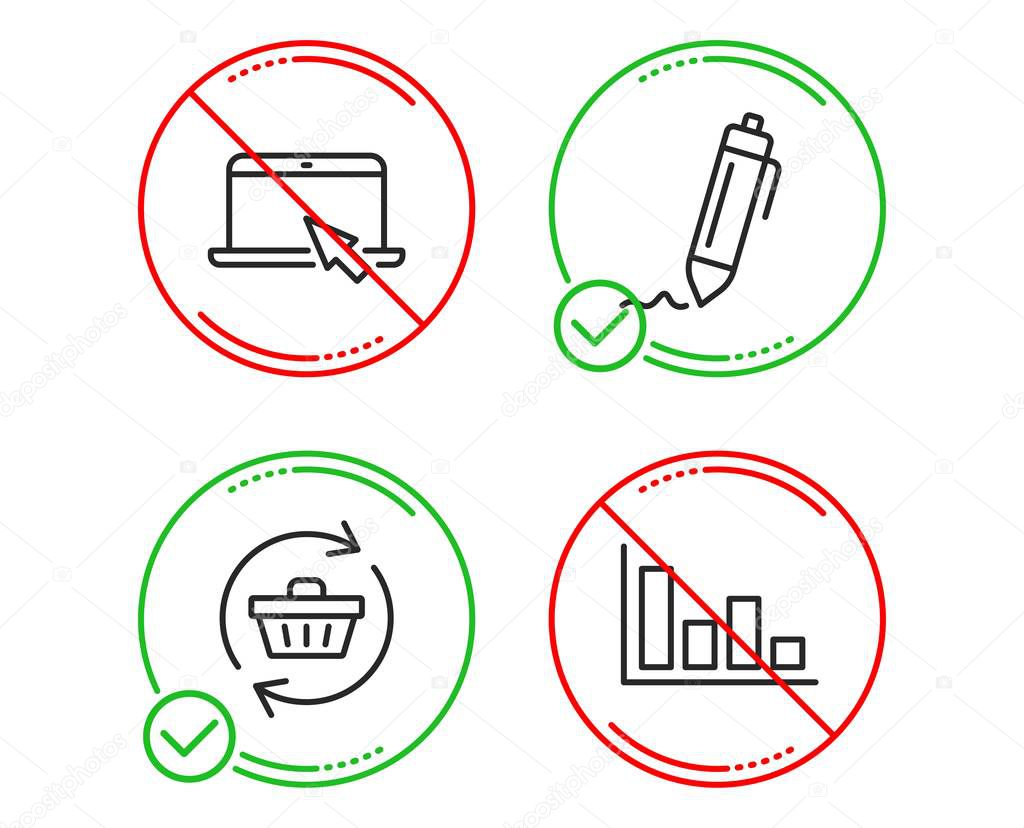 Do or Stop. Signature, Refresh cart and Portable computer icons simple set. Histogram sign. Written pen, Online shopping, Notebook device. Economic trend. Line signature do icon. Prohibited ban stop