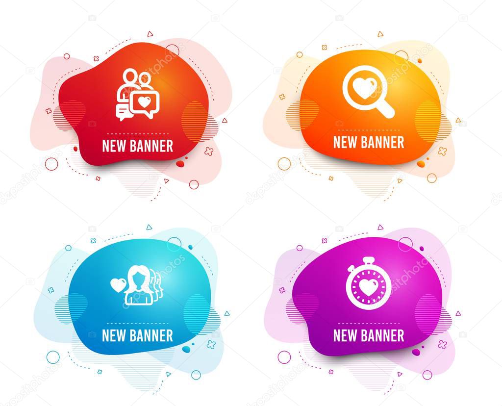 Liquid badges. Set of Woman love, Dating chat and Search love icons. Heartbeat timer sign. Romantic people, Dating service.  Gradient woman love icon. Flyer fluid design. Abstract shapes. Vector