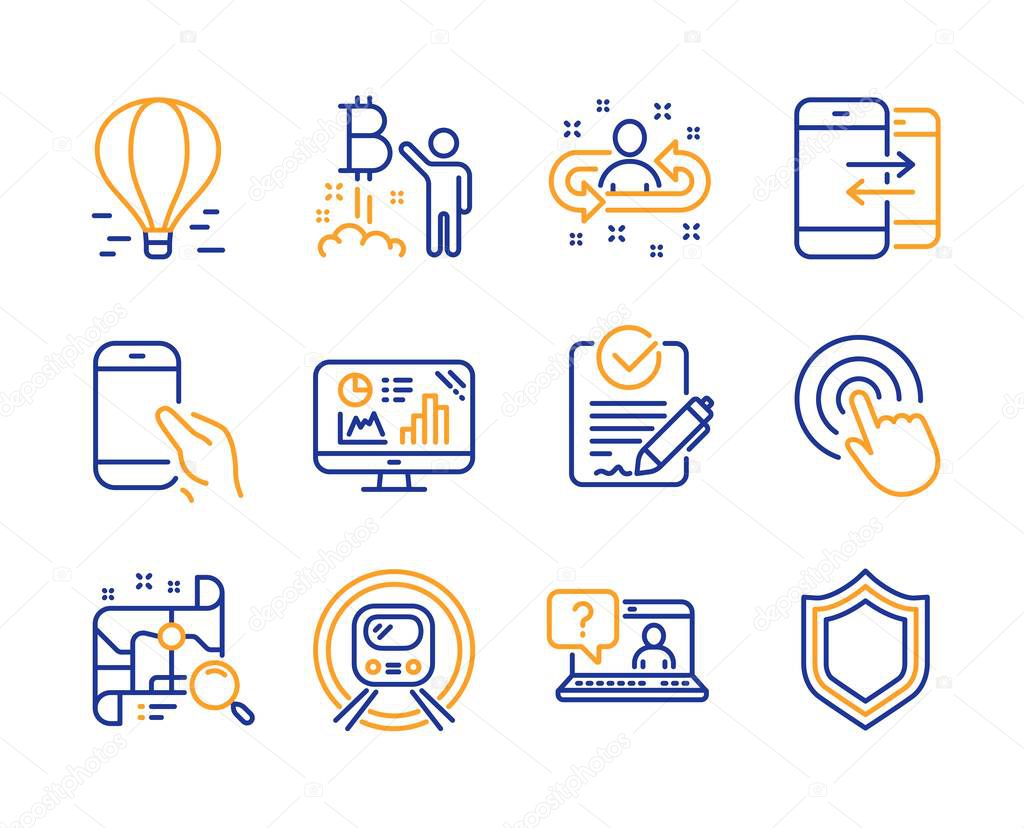 Bitcoin project, Hold smartphone and Analytics graph icons simple set. Click, Air balloon and Recruitment signs. Metro subway, Search map and Rfp symbols. Line bitcoin project icon. Colorful set