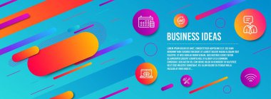 Başlık afişi. Çevrimiçi teslimat, Takvim ve Hammer araç simgeleri basit ayarlayın. Destek hizmeti, verileri ve Wifi işaretlerini güncelleştirin. Parsel izleme web sitesi, Hesap makinesi. İş seti. Vektör