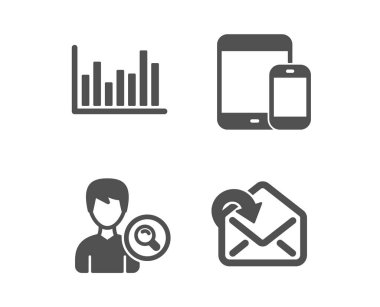 Mobil cihazlar, Çubuk diyagramı ve Arama kişileri simgeleri. Posta işareti alın. Vektör