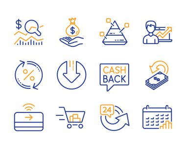 Cashback, Para transferi ve 24 saat simgeleri basit ayarlayın. Yatırım, Gelir para ve Download ok işaretleri kontrol edin. Başarı iş, Alışveriş sepeti ve Kredi yüzde sembolleri. Satır cashback simgesi. Vektör
