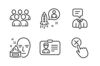 Destek hizmeti, Grup ve Yüz kremi simgeleri basit ayarlayın. Kimlik kartı, Başlangıç ve Reddet tıklama işaretleri. İnsan konuşuyor, Geliştiriciler. İnsanlar hazır. Hat destek hizmeti simgesi. Kullanılabilir kontur. Vektör