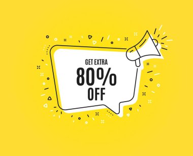 İndirimden %80 indirim alın. Megafon afişi. İndirim teklif fiyat işareti. Özel teklif sembolü. Yüzde 80 tasarruf edin. Konuşma balonu ile hoparlör. Ekstra indirim işareti. Vektör