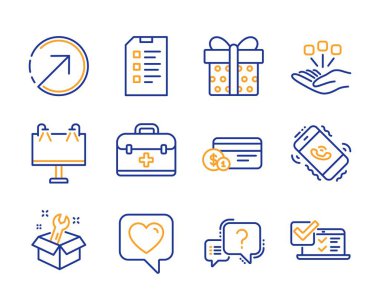 Yön, Konsolidasyon ve Spanner simgeleri basit ayarlayın. Kontrol listesi, Yol afişi ve Hediye kutusu tabelaları. Kalp, İlk yardım ve Ödeme yöntemi sembolleri. Soru işareti, Çağrı merkezi ve Çevrimiçi anket. Vektör