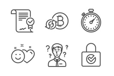Onaylı anlaşma, Timer ve Refresh bitcoin simgeleri basit ayarlayın. Gülümseme, Destek danışmanı ve Şifre şifreleme işaretleri. Doğrulanmış belge, Kronometre gadget'ı. Teknoloji seti. Vektör