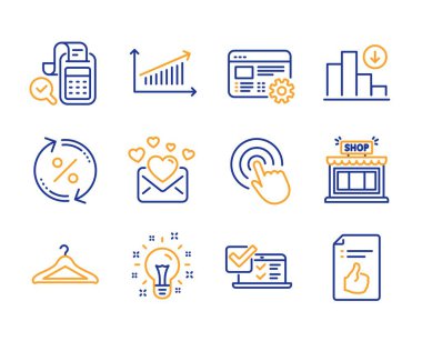 Web ayarları, Fikir ve Aşk posta simgeleri basit ayarlayın. Alışveriş, Azalan grafik ve Grafik işaretleri. Fatura muhasebesi, Click ve Online anket sembolleri. Kredi yüzdesi, Vestiyer ve Onaylı belge. Vektör