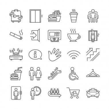 Kamu Hizmetleri, Wifi satır simgeleri. Vestiyer, Asansör ve Taksi simgeleri. Çıkış, Atm ve Yürüyen Merdiven. Wifi, Asansör veya asansör, Restoran gıda. Umumi vestiyer, bilgi, kahve ve sigara. Vektör