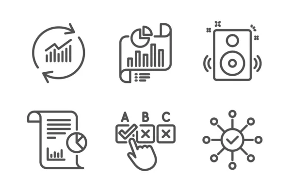 Rapport Juiste Checkbox Speakers Pictogrammen Eenvoudige Set Rapportdocument Gegevens Bijwerken — Stockvector