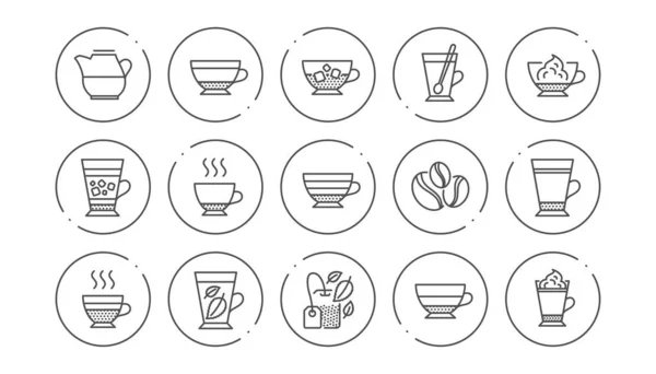 咖啡类型和茶图标 卡布奇诺和拿铁 美式杯线形图标集 带有图标的线条按钮 可编辑的笔画 — 图库矢量图片