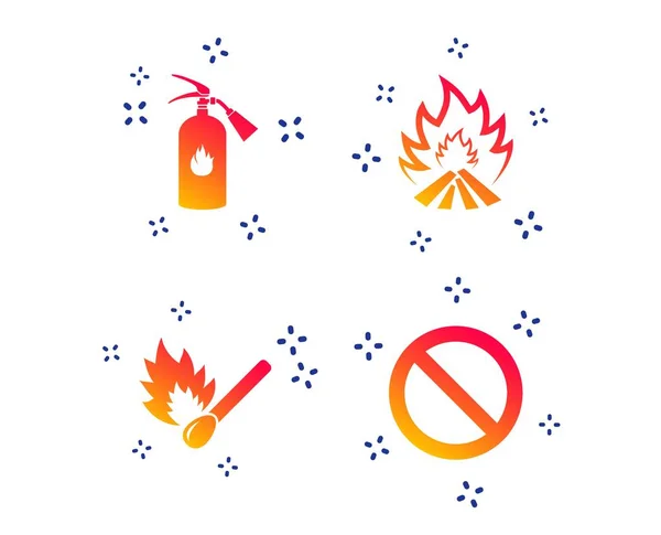 Fire flame icons. Fire extinguisher sign. Prohibition stop symbol. Burning matchstick. Random dynamic shapes. Gradient fire icon. Vector