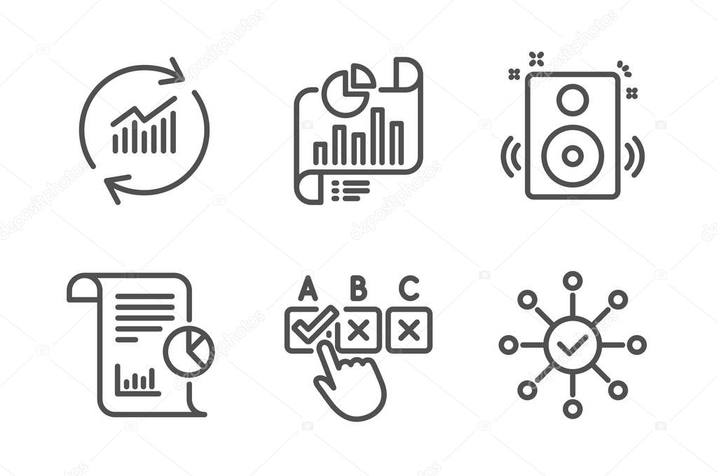Report, Correct checkbox and Speakers icons simple set. Report document, Update data and Survey check signs. Work analysis, Answer. Education set. Line report icon. Editable stroke. Vector