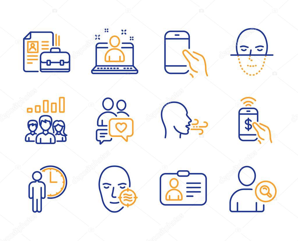 Vacancy, Waiting and Dating chat icons simple set. Teamwork results, Face recognition and Hold smartphone signs. Id card, Breathing exercise and Best manager symbols. Line vacancy icon. Colorful set
