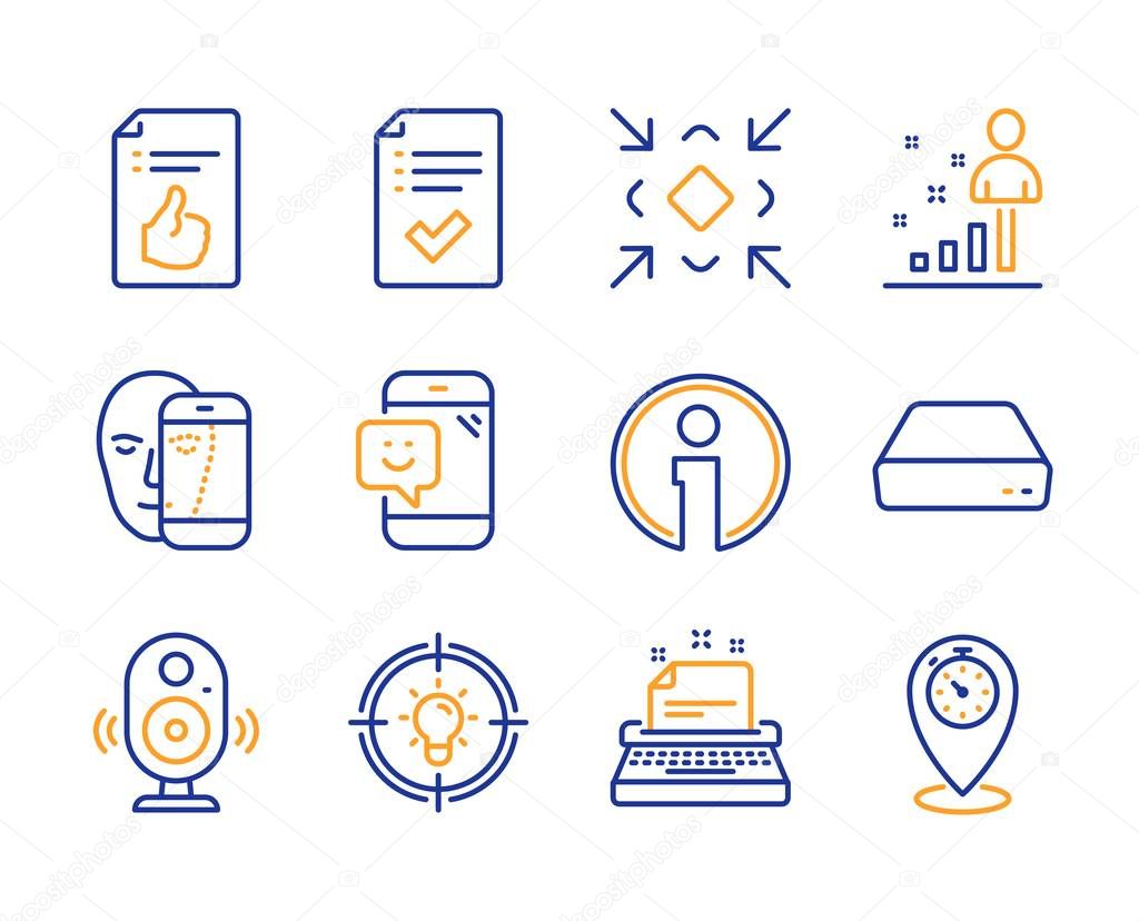 Approved document, Face biometrics and Smile icons simple set. Speaker, Mini pc and Stats signs. Typewriter, Idea and Minimize symbols. Approved checklist, Info and Timer. Line approved document icon