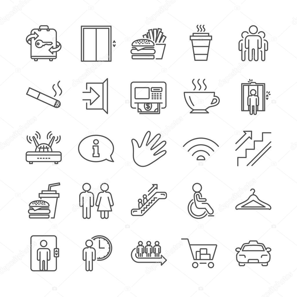Public Services, Wifi line icons. Cloakroom, Elevator and Taxi icons. Exit, ATM and Escalator. Wifi, Lift or elevator, Restaurant food. Public cloakroom, information, coffee and smoking. Vector