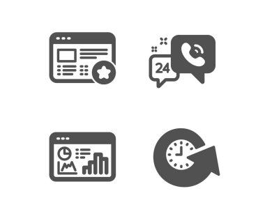 Seo istatistikleri, Favori ve 24h hizmet simgeleri kümesi. Zaman işaretini güncelleştirin. Analitik grafik, Yıldız geri bildirimi, Çağrı desteği. Saati yenileyin. Klasik tasarım seo istatistik simgesi. Düz tasarım. Vektör