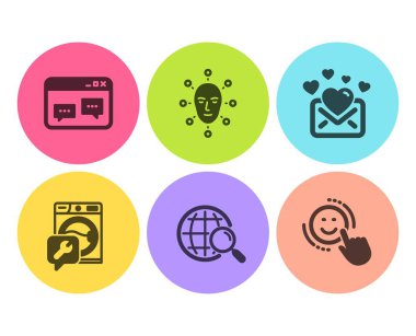 Yüz biyometri, Web arama ve Çamaşır makinesi simgeleri basit ayarlayın. Tarayıcı penceresi, Aşk posta ve Smile işaretleri. Yüz tanıma, internet bulun. Teknoloji seti. Düz yüz biyometri simgesi. Daire düğmesi