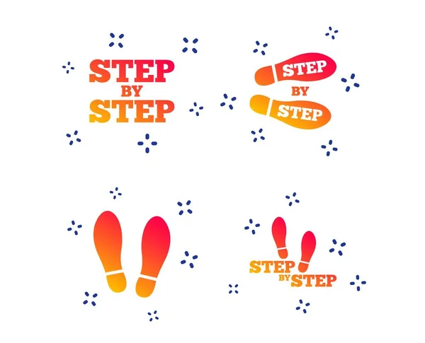 Ícones Passo Passo Sapatos Pegada Símbolos Conceito Guia Instruções Formas — Vetor de Stock
