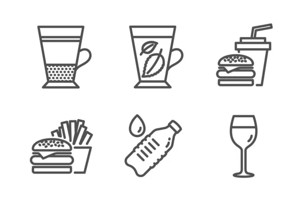 Double latte, myntablad och Hamburger ikoner set. Vattenflaska, — Stock vektor