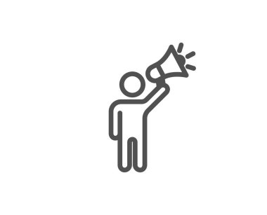 Marka elçisi satır simgesi. Elinde megafon işareti var. Reklam cihazı. Vektör