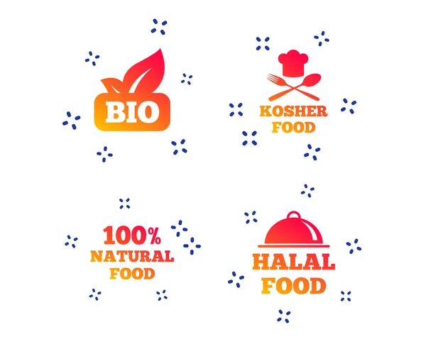 Iconos naturales de la alimentación Bio. Señales de Halal y Kosher. Vector — Vector de stock