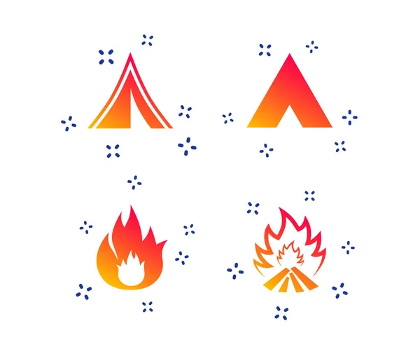 Sinais de tenda de acampamento turístico. Ícones de chama de fogo. Vetor — Vetor de Stock